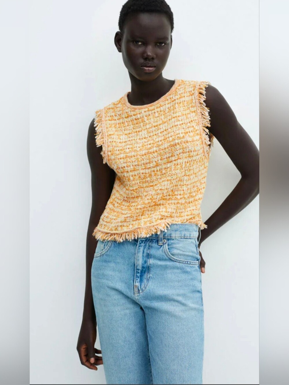 Mango Yellow Tweed Fringe Tank Top